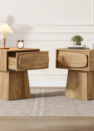 Contemporary Wooden End Table with Storage Drawer and Curved Handle for Living Room and Bedroom, Perfect for Compact Spaces (Natural Wood Finish)
