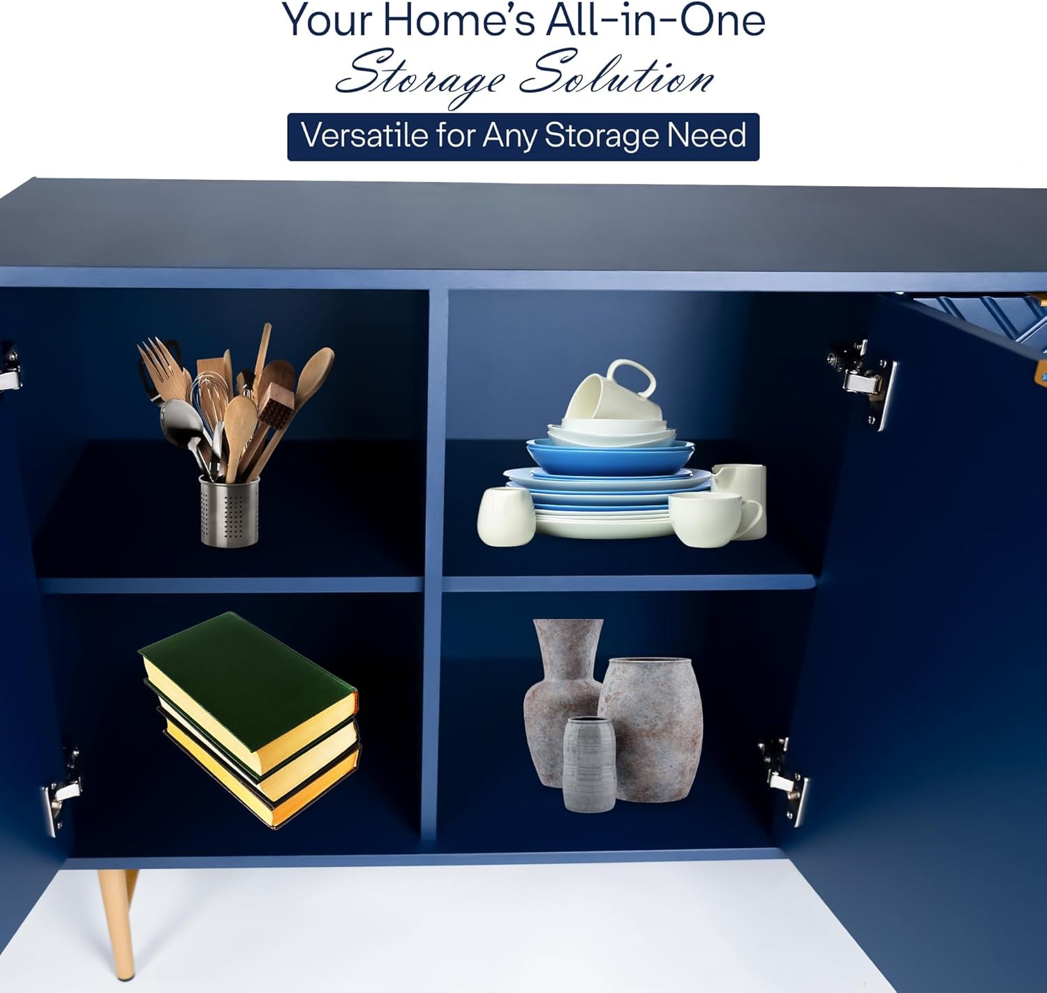 Modern Sideboard Buffet Cabinet with Storage, 47'' Navy Blue Credenza Gold Handles with 3 Doors and 1 Drawers, Wooden Kitchen Coffee Bar Cabinet for Living Room Farmhouse, Hallway