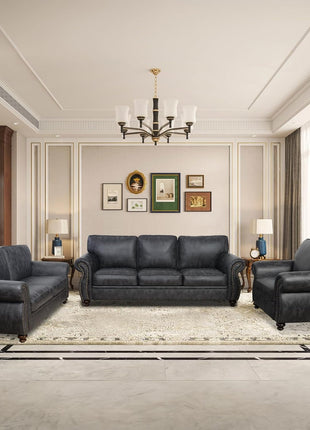 Mid-Century Vintage Living Room Furniture Set, Including Sofa, Loveseat, and 3-Seater Couch with Rivet Design in Grey