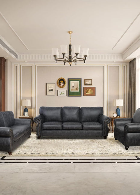 Mid-Century Vintage Living Room Furniture Set, Including Sofa, Loveseat, and 3-Seater Couch with Rivet Design in Grey