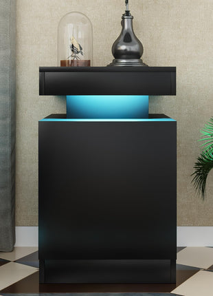 Set of 2 Black Nightstands with LED Lighting and Storage Cabinet for Bedroom