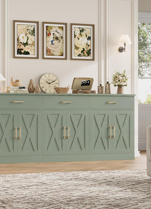 71" Large Farmhouse Sideboard Buffet Cabinet with Storage, Featuring 3 Drawers, Ideal for Kitchen and Dining Room Use, Green Finish