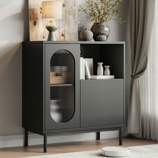 Sideboard Buffet Cabinet with Fluted Glass Doors and Adjustable Shelf, Wood Modern Accent Cabinet with Storage for Kitchen, Entryway, Living Room, Black