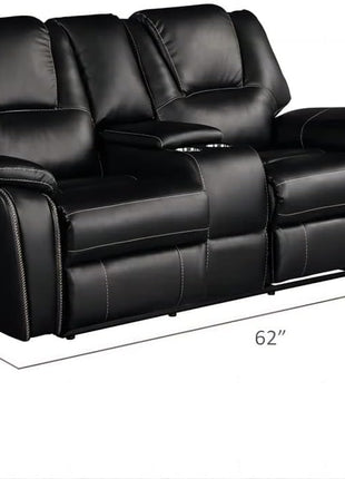 Bonded Leather Manual Recliner Sofa Set - Black Lounge Chair and Loveseat for Living Room