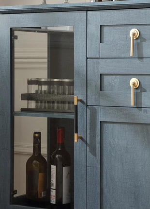 58.27" Contemporary Farmhouse Buffet Cabinet with Dual Drawers, LED Illumination, Adjustable Shelving, and Spacious Glass Door, Blue Finish with Gold Accents