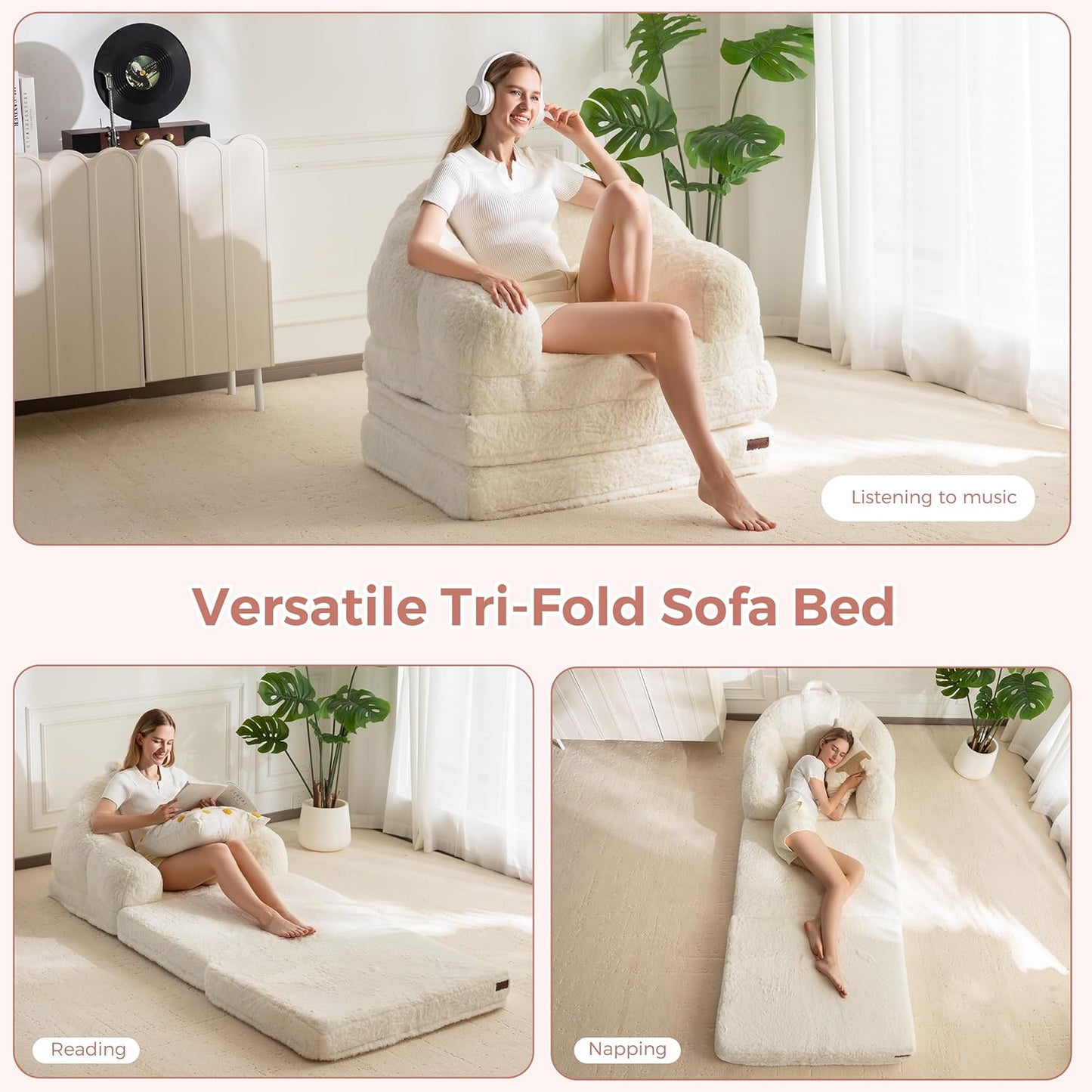 Folding Sofa Bed, 2 in 1 Convertible Sofa to Lounger Comfy Single Bean Bag Chair for Adults, Floor Sleeper Couch with Handle, Faux Fur Couch Bed for Living Room Bedroom, Beige