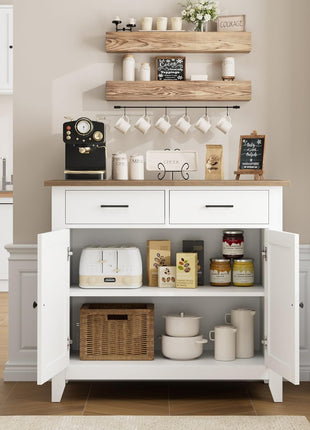 Ivory White Modern Farmhouse Kitchen Storage Cabinet with Buffet and Coffee Bar, Featuring 2 Drawers and 2 Doors, Ideal Versatile Sideboard for Living Room, Dining Room, and Bathroom