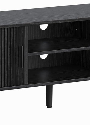Mid-Century Modern TV Console for TVs up to 60 Inches, Entertainment Center with Fluted Sliding Doors, Concealed Storage, and Adjustable Shelving for Living Room and Bedroom, Black