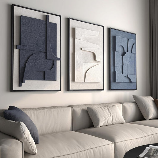 Large 3D Textured Framed Blue and White Abstract Wall Art for Living Room, 3 Piece Modern Artwork for Walls, Minimalist Navy Blue Geometric Paintings for Hallway, Stair, Office Wall Decor 24X36 In
