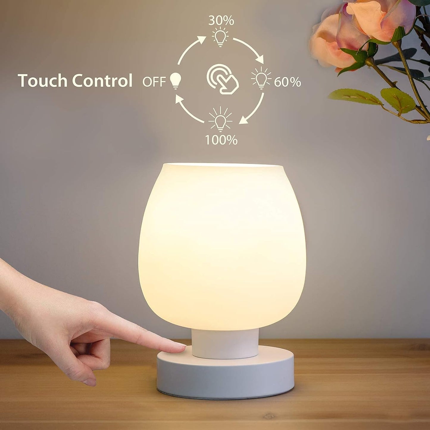 Touch Bedside Table Lamp - Modern Small Lamp for Bedroom Living Room Nightstand, Desk Lamp with White Opal Glass Lamp Shade, Warm LED Bulb, 3 Way Dimmable, Simple Design