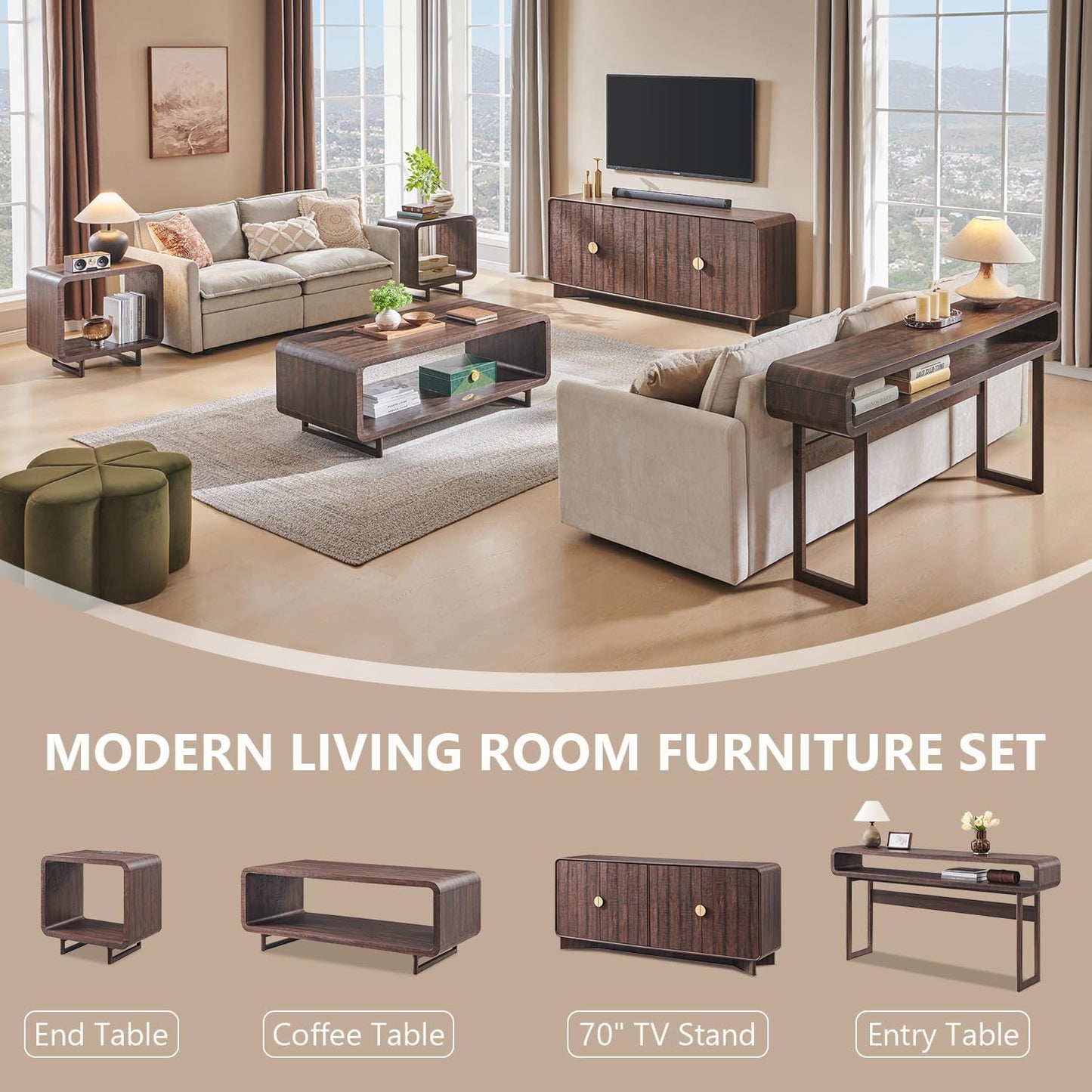 70" Modern TV Stand for Tvs up to 80 Inches, 30" Tall Entertainment Center with Storage and Adjustable Shelves, TV Console with Curved Profile Design, Media Console for Living Room, Brown