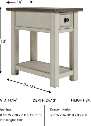Bolanburg Chairside End Table with Charging Station by Signature Design by Ashley, Two-Tone Wood Accent Table with Drawer Storage and Plank Top in Antique White Finish for Living Room or Bedroom