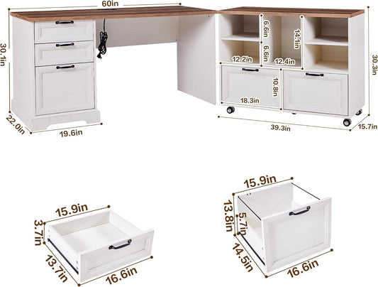60"L-Shaped Executive Desk with 40"Adjustable File Cabinet,Farmhouse Home Office Desk with Charging Station,Office Desk with Storage Drawers,Wood Computer Desk Set for Office Work,Home Study