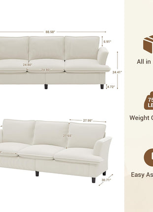 Three-Seater Corduroy Sofa, 89" Modern Couch with Deep Seat for Living Room, Office, Bedroom, and Apartment (Pillows Not Included) | Breathable, Pet-Friendly Material with Strong Support