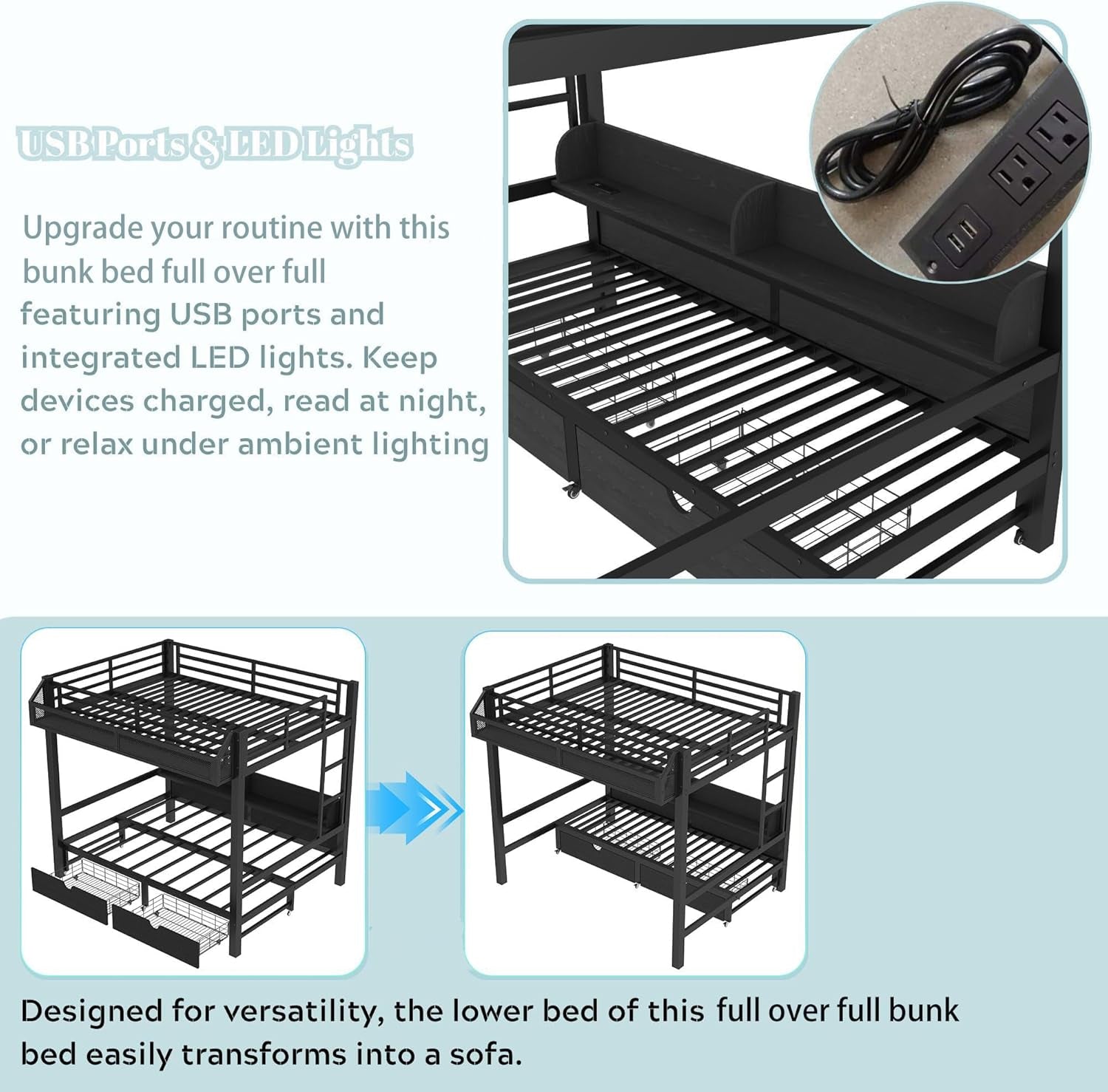 Full over Full Bunk Bed with Storage Shelves and Drawers, Metal Bunk Beds with Lights and USB Ports, Lower Bunkbed Can Be Converted, for Guest Room, Bedroom, Dorms, Muti-Function and Noise-Free, Black