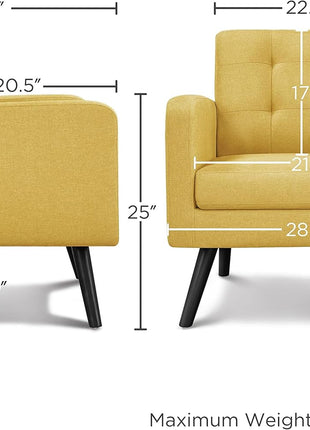 Set of 2 Mid-Century Modern Upholstered Accent Chairs with Button Tufted Back and Wooden Legs for Living Room, Bedroom, Office, or Cafe - Yellow