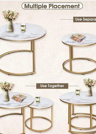 Modern Industrial Nesting Coffee Table Set of Two with Gold Frame and Marble Finish, White Circular Wooden Design for Living Room and Bedroom