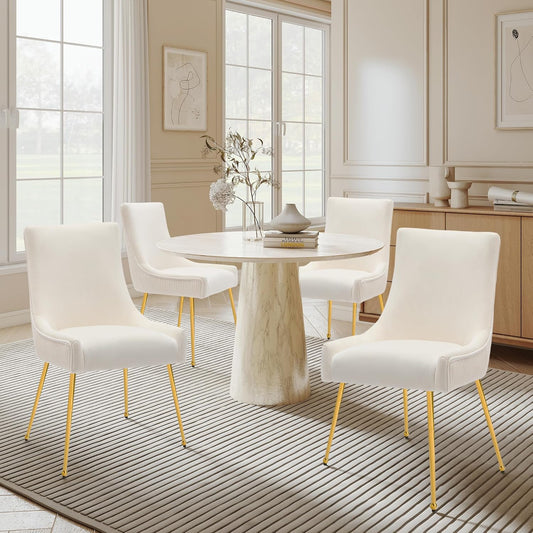 Velvet Dining Chairs Set of 2 with Gold Metal Legs, Modern Upholstered Kitchen Chair with Pull Handle & Pleated Back, Mid Century Accent Chair for Vanity,Dining,Kitchen,Living Room, Beige