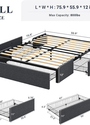 Full Size Upholstered Platform Bed Frame with 3 Storage Drawers, Wooden Slat Support, No Box Spring Required, Noise-Free Design, Easy Assembly, Dark Grey