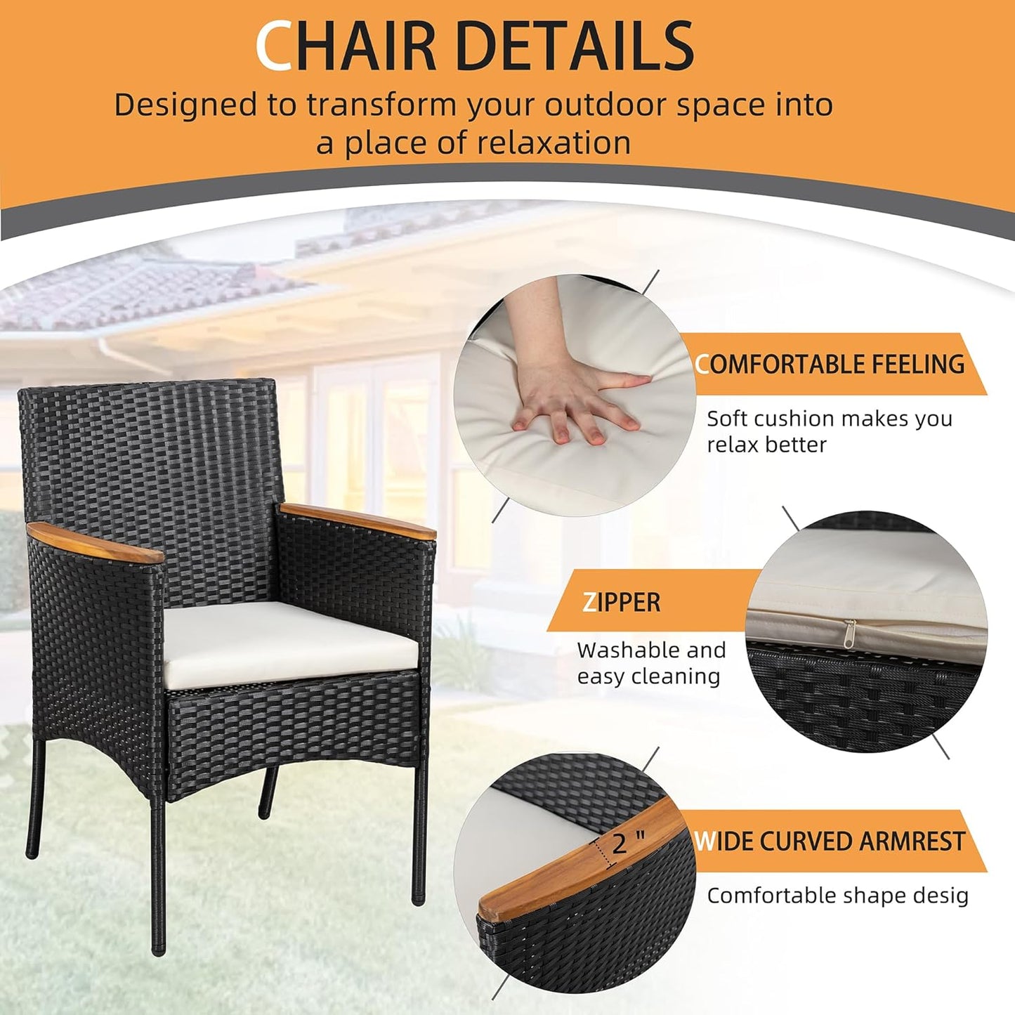 4-Piece Patio Furniture Set, Outdoor Wicker Patio Conversation Furniture Set with Cushions and Wooden Tabletop for Paito Lawn Backyard Pool Garden, Black Rattan