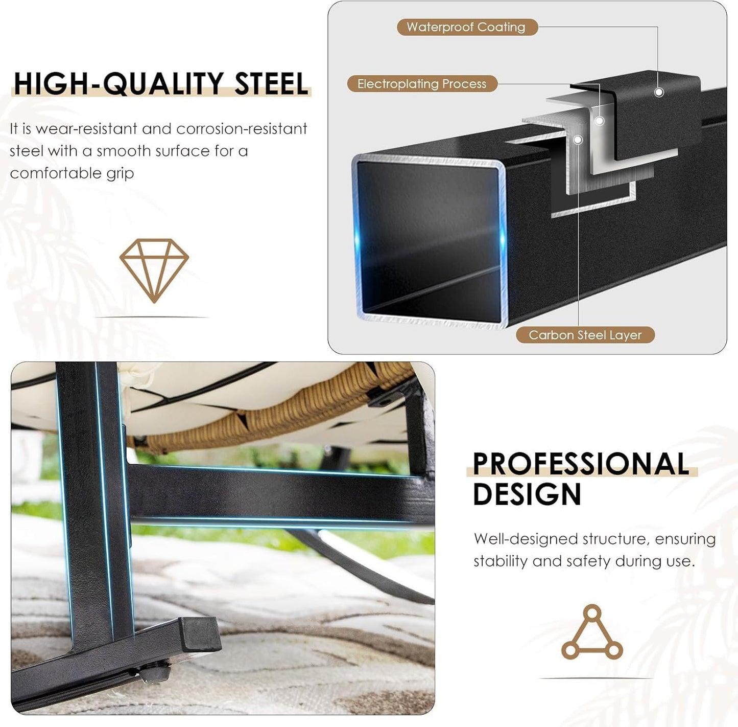 Double Egg Rocking Chair for 2, Oversized Rattan Recliner Loveseat with Padded Cushion, 700 Lbs Heavy Duty Comfy Large Papasan Rocker for Reading Outdoor Patio Balcony Backyard Indoor, Beige