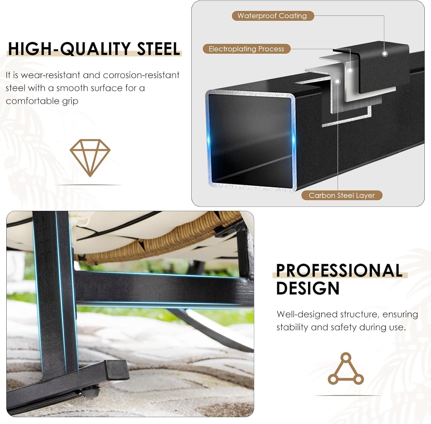 Double Egg Rocking Chair for 2, Oversized Rattan Recliner Loveseat with Padded Cushion, 700 Lbs Heavy Duty Comfy Large Papasan Rocker for Reading Outdoor Patio Balcony Backyard Indoor, Beige