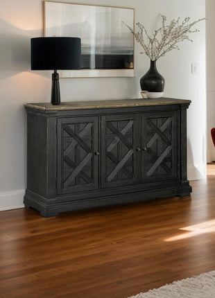Tyler Creek Vintage Casual Dining Room Buffet Cabinet by Signature Design by Ashley, Featuring Lattice Design, Three Doors, Wood Construction, 36" Height, Black and Gray Finish