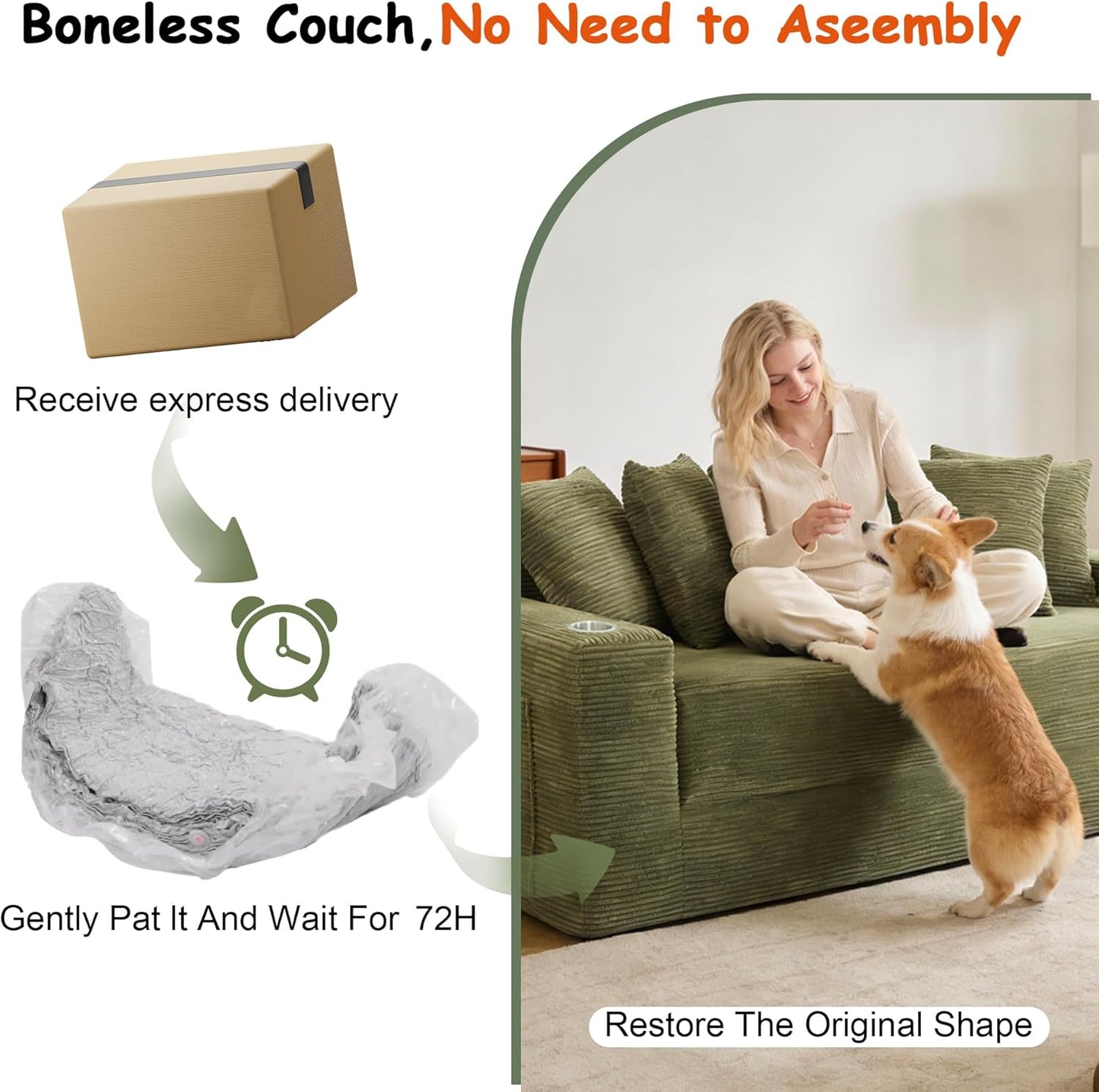 76" Convertible Sofa Bed, 2-In-1 Boneless Sleeper Sofa with Cup Holder & Pocket, Corduroy Pull Out Couch with 5 Pillows, Couch Bed for Living Room, Small Spaces, Bedroom, No Assembly