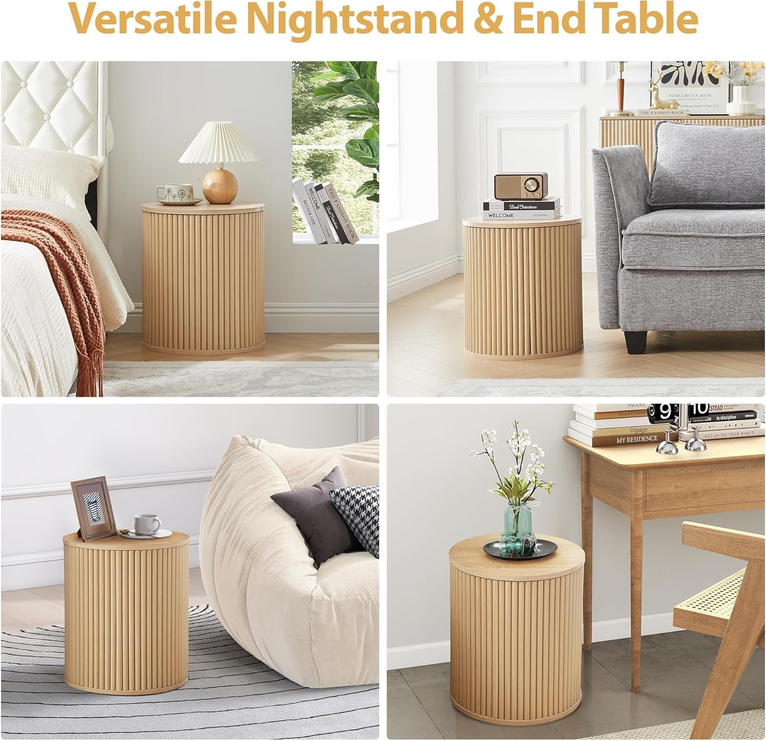 Small round Side Table Fluted Night Stand Set of 2, Modern Boho End Table with Storage, Circle Bedside Tables Wood Nightstands for Small Spaces, Living Room, Bedroom (Nature)
