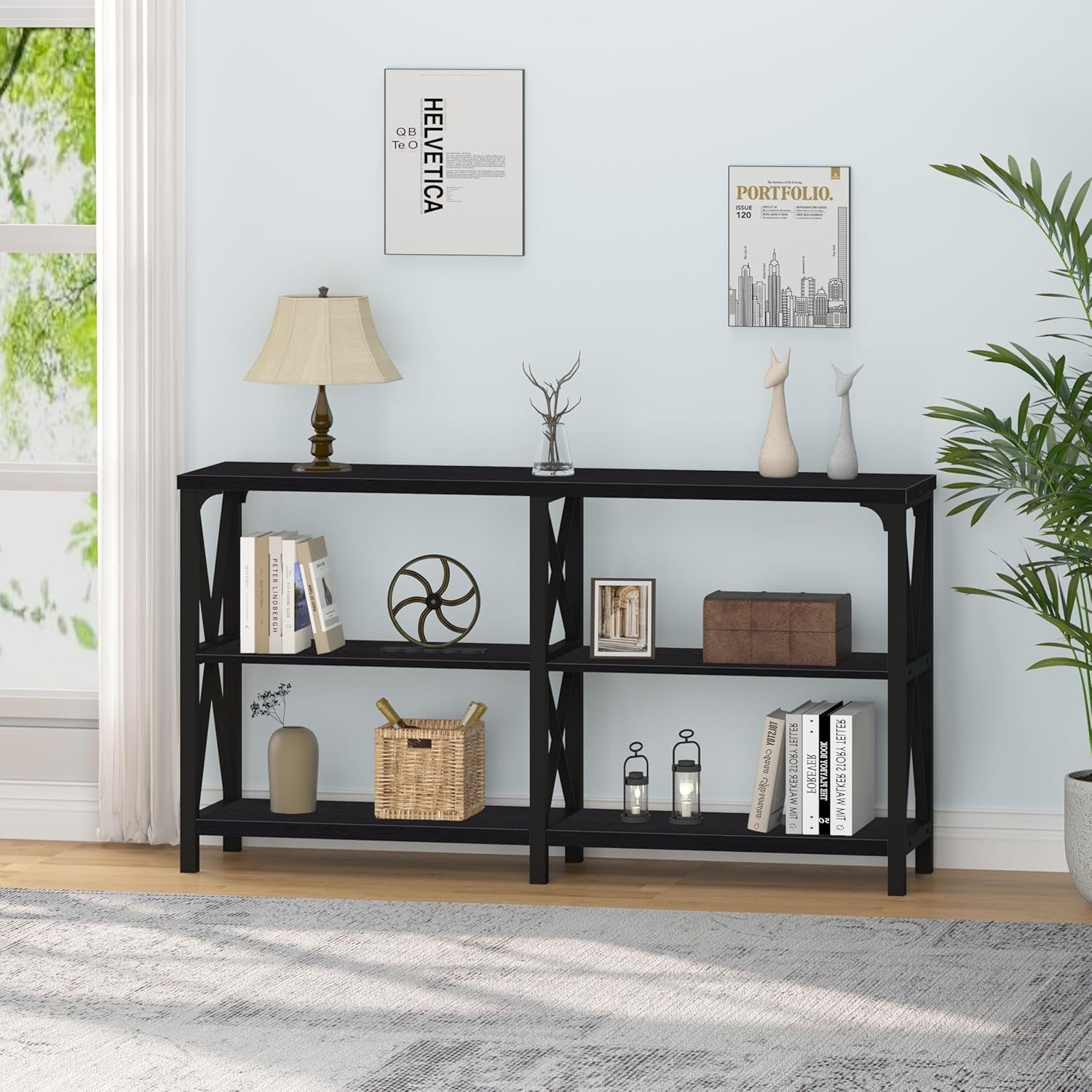 Black Console Table, Modern Industrial Sofa Table with 3 Tier Storage Shelves, Farmhouse Wooden Metal Entryway Table for Living Room, Hallway, or Foyer, Black Oak, 63 Inch