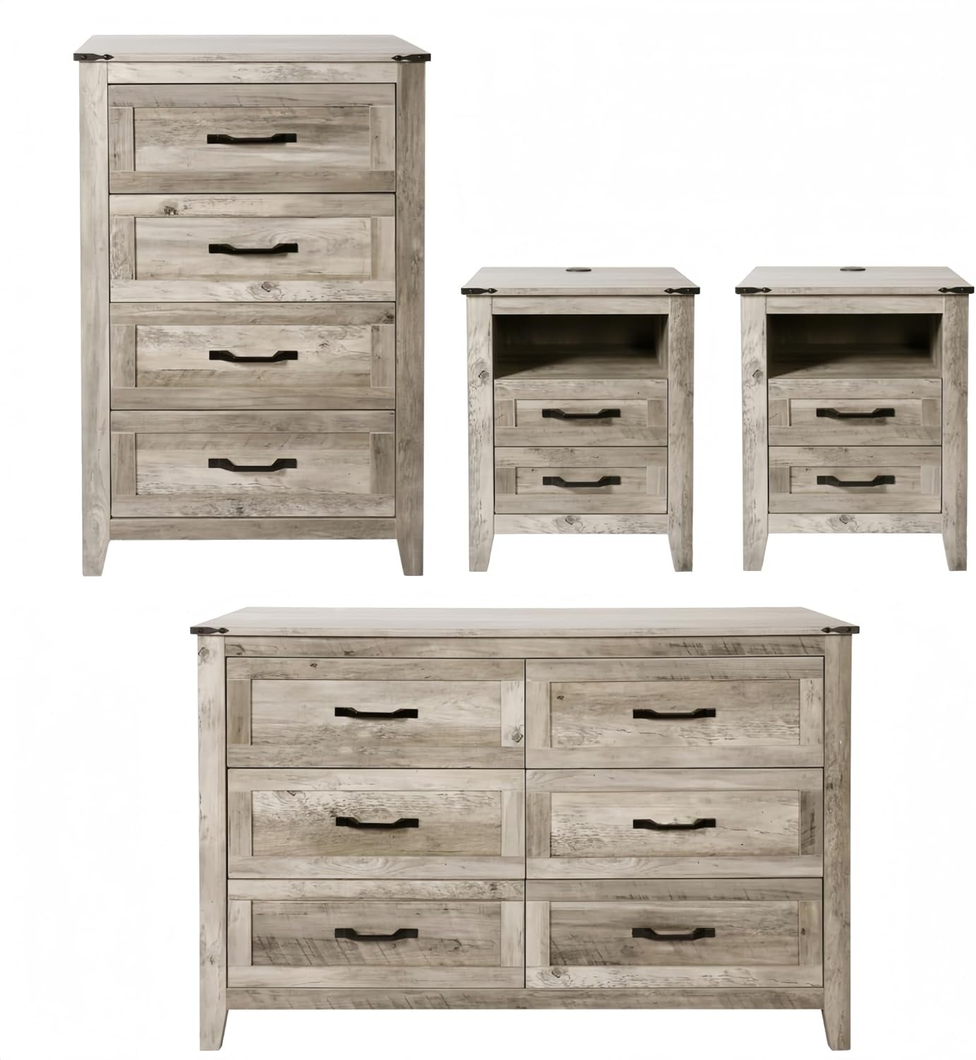 4PCS Farmhouse Dresser Set, Dresser and Nightstand Sets, Rustic Wooden Dresser Set. Including 6 Drawer Dresser & 4 Drawer Dresser & 2 Drawer Nightstand Set of 2 with USB. Light Rustic Oak