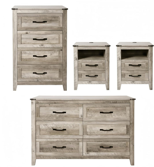 4PCS Farmhouse Dresser Set, Dresser and Nightstand Sets, Rustic Wooden Dresser Set. Including 6 Drawer Dresser & 4 Drawer Dresser & 2 Drawer Nightstand Set of 2 with USB. Light Rustic Oak