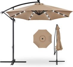 10Ft Solar LED Offset Cantilever Hanging Market Patio Umbrella, 8 Sturdy Ribs, Easy Adjustment - Tan
