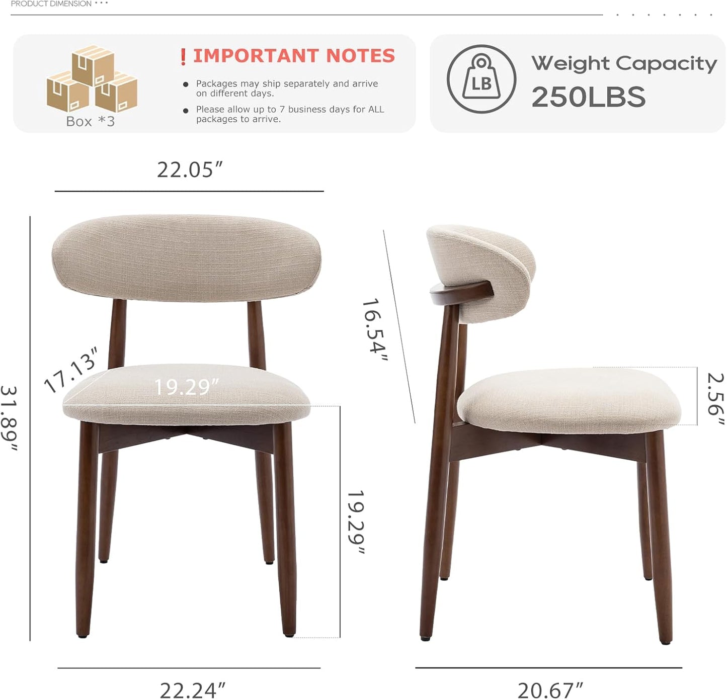 Wooden Dining Chairs Set of 6, Modern Upholstered Fabric Dining Room Chair, Farmhouse Kitchen Side Chairs with Foot Pegs, Beige