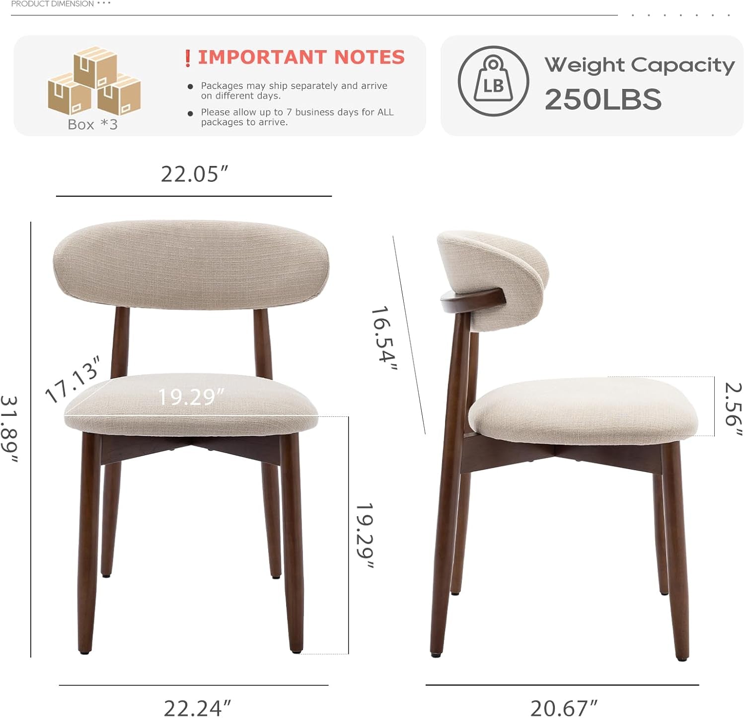 Wooden Dining Chairs Set of 6, Modern Upholstered Fabric Dining Room Chair, Farmhouse Kitchen Side Chairs with Foot Pegs, Beige