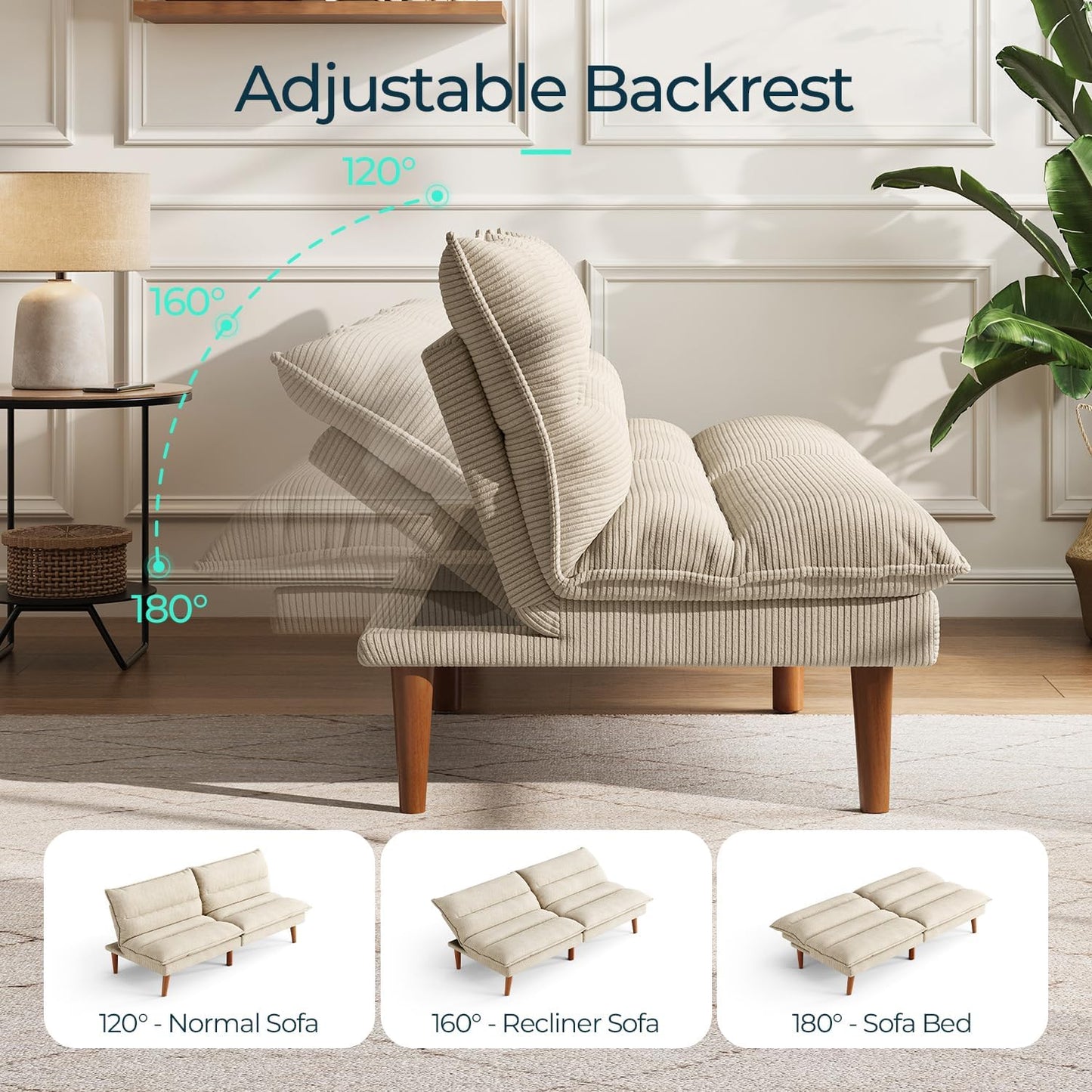 Futon Sofa Bed - Convertible Corduroy Futon Couch Bed with Adjustable Backrest, Modern Small Loveseat Sleeper Sofa for Small Spaces, Living Room, Apartment or Office (Beige)