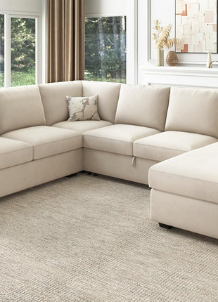 Elegant U-Shaped Sectional Sofa with Pull-Out Bed and Storage in Velvet Beige