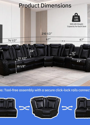 Elegant Power Recliner Sofa Set for Living Room and Home Theater, Leather Sectional with LED Lighting, Cup Holders, and Storage Console in Black