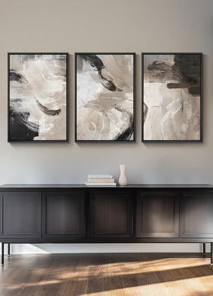 Large Framed Neutral Abstract Wall Art Set - 3-Piece Modern Canvas Prints for Living Room, Hallway, Bedroom, and Office Decor in Black, Beige, and Brown Tones, 24x36 Inches