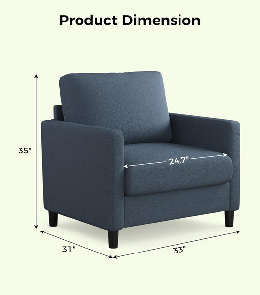 Sofa Accent Chair, 33" Reading Chair for Bedroom, Tool-Free Setup Living Room Accent Chairs, Comfy Arm Chairs Living Room, All-Wood Reading Nook, Blue Grey