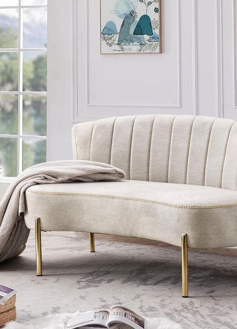 Upholstered Loveseat Settee with Backrest and Golden Metal Legs for Dining Room, Living Room, and Bedroom Furniture