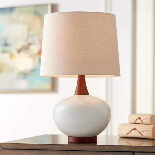 Brice Mid Century Modern Accent Table Lamp 23" High Ivory Ceramic Wood Neck off White Tapered Drum Shade for Bedroom Living Room House Home Bedside Nightstand Office Family