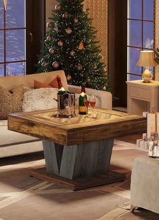 Contemporary Square Coffee Table with Wooden Center, 31.5" Rustic Brown and Black Accent Table for Living Room