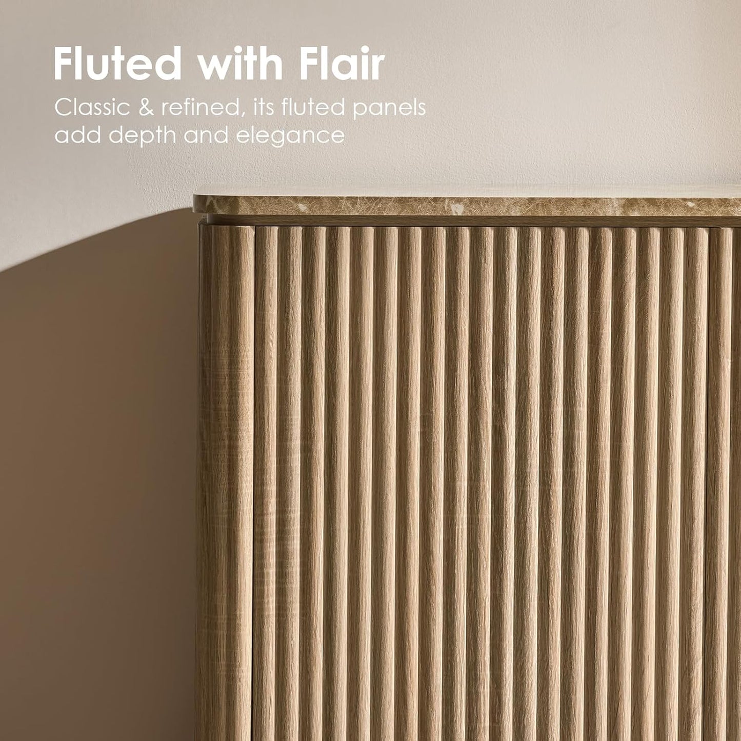 Fluted 2 Doors Sideboard Buffet Cabinet with Storage-Wooden Credenza W/Shelves, Faux Marble-Top Coffee Bar Console Table, Modern Buffet Cabinet for Dining,Kitchen,Living Room,Entryway,Natural Oak,1Pcs