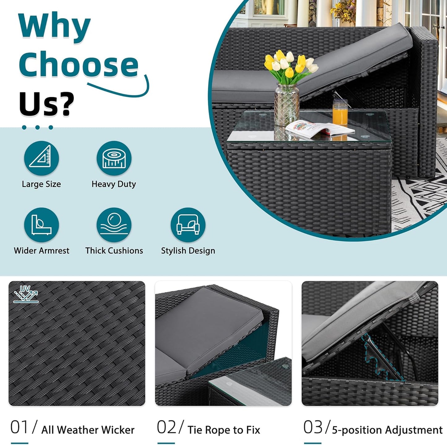 3-Piece Patio Sectional Sofa, Patio Furniture Set with Detachable Soft Cushions, Outdoor PE Rattan Patio Conversation Sofa Set with Glass Coffee Table & Ottoman, Black Rattan/Grey