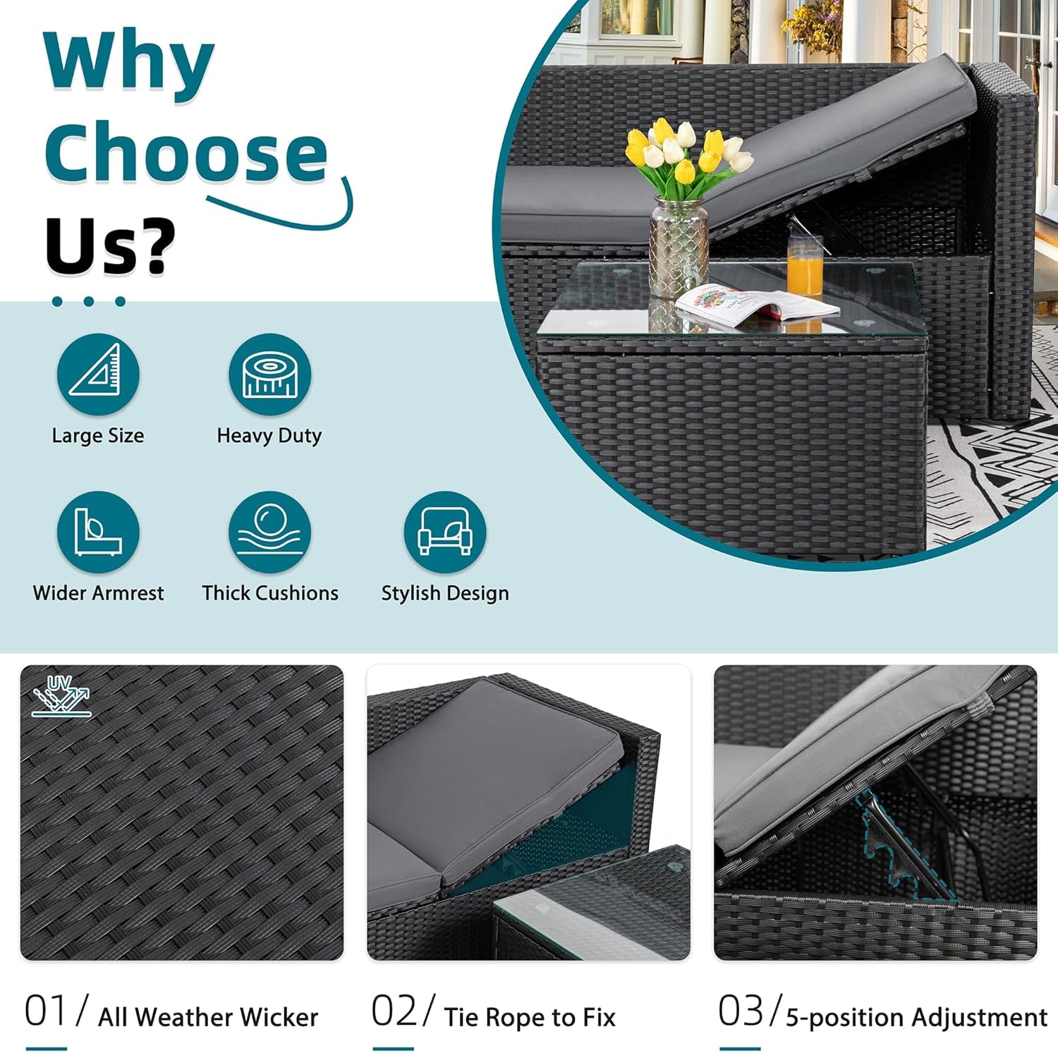 3-Piece Patio Sectional Sofa, Patio Furniture Set with Detachable Soft Cushions, Outdoor PE Rattan Patio Conversation Sofa Set with Glass Coffee Table & Ottoman, Black Rattan/Grey