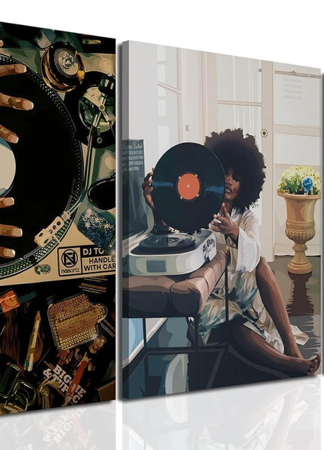 Contemporary Black Woman Wall Art Collection - Set of 3 Framed Canvas Prints Showcasing African American Music and Record Player Designs for Bedroom and Living Room, 12x16 Inches