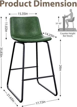 Set of 3 Contemporary 26-Inch Counter Height Bar Stools with Backrest, Faux Leather Upholstery, Metal Legs and Footrest, Perfect for Kitchen Islands (Green)
