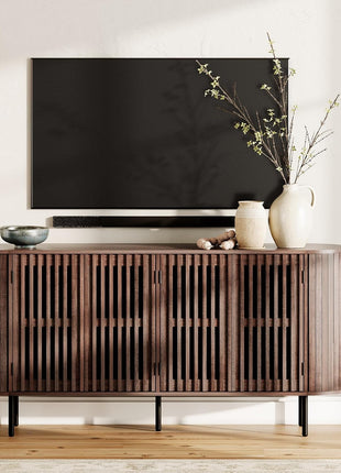 64" Wood Sideboard Buffet Cabinet with 4 Fluted Doors and Curved Design, Walnut Finish, Ideal for Dining Room and Hallway Storage