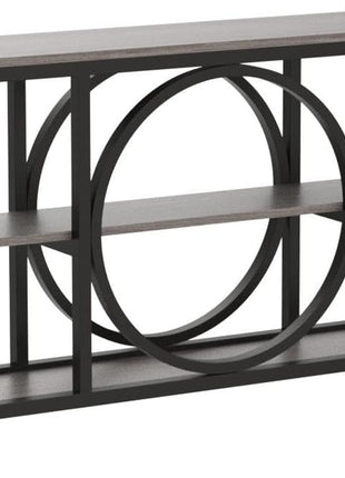 70.9-Inch Extra Long Narrow Console Table with Three-Tier Wooden Storage Shelves and Metal Frame for Entryway, Hallway, and Living Room - Black Rustic Gray